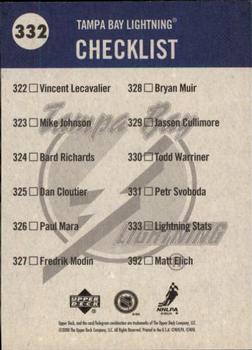 2000-01 Upper Deck Vintage #332 Lightning Checklist Back