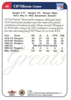 2001-02 Fleer Greats of the Game #26 Ulf Nilsson Back