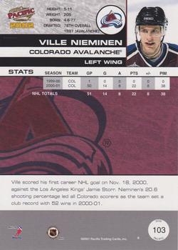 2001-02 Pacific #103 Ville Nieminen Back