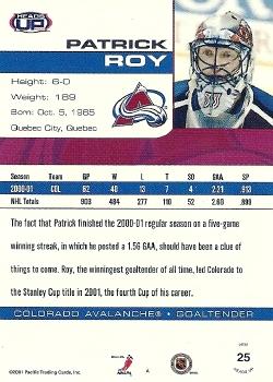2001-02 Pacific Heads Up #25 Patrick Roy Back