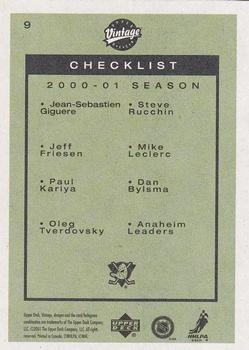 2001-02 Upper Deck Vintage #9 Mighty Ducks Checklist Back