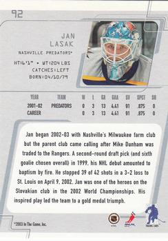 2002-03 Be a Player Between the Pipes #92 Jan Lasak Back