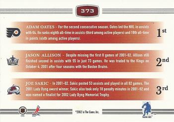 2002-03 Be a Player First Edition #373 Adam Oates / Jason Allison / Joe Sakic Back