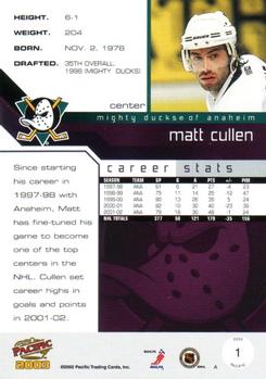 2002-03 Pacific #1 Matt Cullen Back