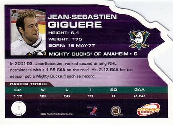 2002-03 Pacific Atomic #1 Jean-Sebastien Giguere Back