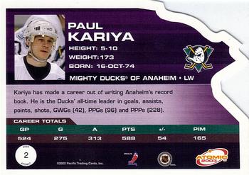 2002-03 Pacific Atomic #2 Paul Kariya Back