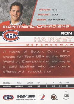2002-03 Pacific Heads Up #138 Ron Hainsey Back