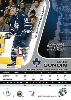 2002-03 Pacific Quest for the Cup #93 Mats Sundin Back