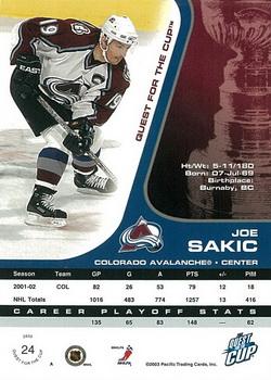 2002-03 Pacific Quest for the Cup #24 Joe Sakic Back