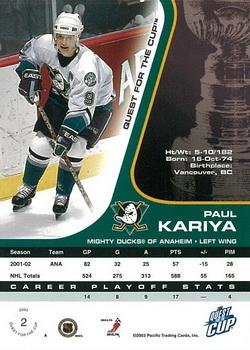 2002-03 Pacific Quest for the Cup #2 Paul Kariya Back