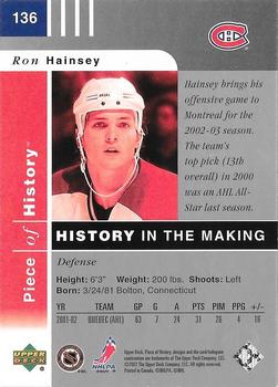 2002-03 Upper Deck Piece of History #136 Ron Hainsey Back