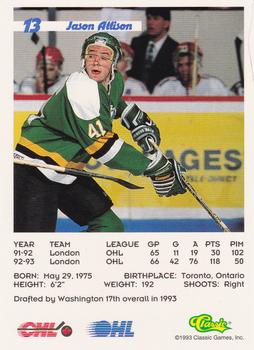 1993 Classic '93 Hockey Draft #13 Jason Allison Back