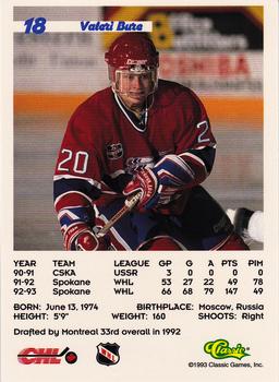 1993 Classic '93 Hockey Draft #18 Valeri Bure Back