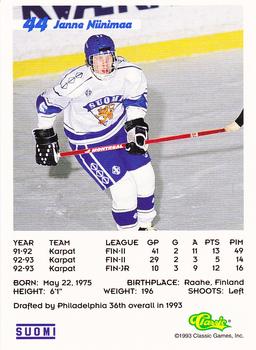 1993 Classic '93 Hockey Draft #44 Janne Niinimaa Back