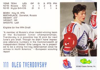 1993 Classic '93 Hockey Draft #111 Oleg Tverdovsky Back