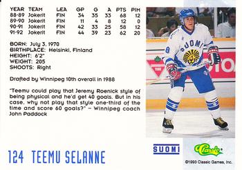 1993 Classic '93 Hockey Draft #124 Teemu Selanne Back