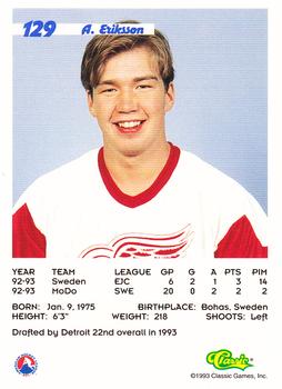 1993 Classic '93 Hockey Draft #129 Anders Eriksson Back