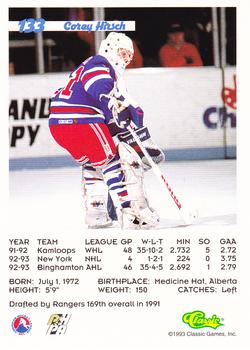 1993 Classic '93 Hockey Draft #133 Corey Hirsch Back