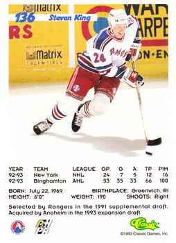 1993 Classic '93 Hockey Draft #136 Steven King Back
