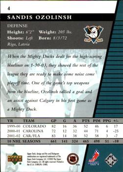 2002-03 Upper Deck Rookie Update #4 Sandis Ozolinsh Back