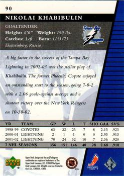 2002-03 Upper Deck Rookie Update #90 Nikolai Khabibulin Back