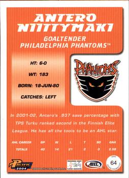2003-04 Pacific Prospects AHL #64 Antero Niittymaki Back