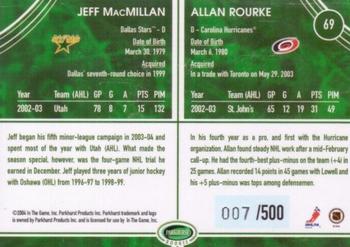 2003-04 Parkhurst Rookie #69 Jeff MacMillan / Allan Rourke Back