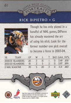 2003-04 Upper Deck Classic Portraits #61 Rick DiPietro Back
