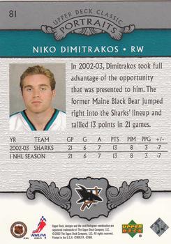 2003-04 Upper Deck Classic Portraits #81 Niko Dimitrakos Back