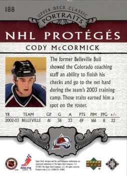 2003-04 Upper Deck Classic Portraits #188 Cody McCormick Back