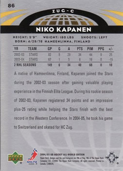 2004-05 Upper Deck All-World Edition #86 Niko Kapanen Back