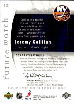 2005-06 SP Authentic #203 Jeremy Colliton Back