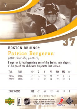 2006-07 Upper Deck Power Play #7 Patrice Bergeron Back