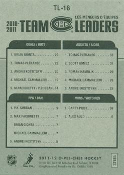 2011-12 O-Pee-Chee - Team Leaders #TL-16 Brian Gionta / Tomas Plekanec / P.K. Subban / Carey Price Back