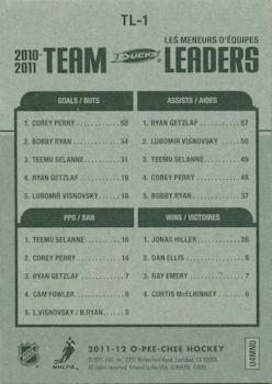 2011-12 O-Pee-Chee - Team Leaders #TL-1 Corey Perry / Ryan Getzlaf / Teemu Selanne / Jonas Hiller Back