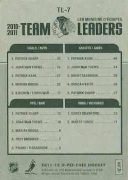 2011-12 O-Pee-Chee - Team Leaders #TL-7 Patrick Sharp / Patrick Kane / Corey Crawford Back