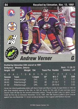 1993 Classic Pro Prospects #84 Andrew Verner Back