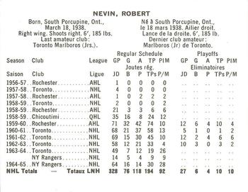 1965-66 Coca-Cola NHL Players #NNO Bob Nevin Back