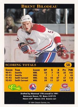 1994 Classic Pro Hockey Prospects #58 Brent Bilodeau Back