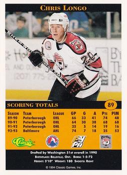 1994 Classic Pro Hockey Prospects #89 Chris Longo Back