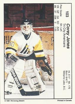 1990-91 7th Inning Sketch WHL #103 Corey Jones Back