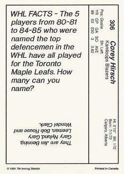 1990-91 7th Inning Sketch WHL #306 Corey Hirsch Back