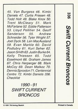 1990-91 7th Inning Sketch WHL #336 Swift Current Broncos Back