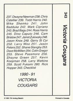 1990-91 7th Inning Sketch WHL #343 Victoria Cougars Back