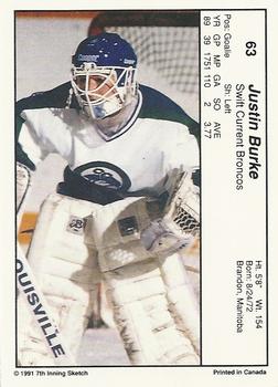 1990-91 7th Inning Sketch WHL #63 Justin Burke Back