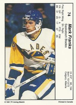 1990-91 7th Inning Sketch WHL #74 Mark Franks Back