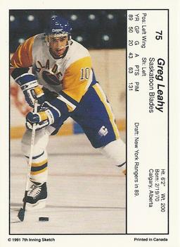1990-91 7th Inning Sketch WHL #75 Greg Leahy Back