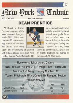 1991-92 Ultimate Original 6 #27 Dean Prentice Back
