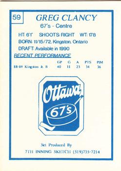 1989-90 7th Inning Sketch OHL #59 Greg Clancy Back