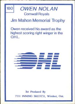 1989-90 7th Inning Sketch OHL #180 Owen Nolan (Mahon Memorial Trophy) Back